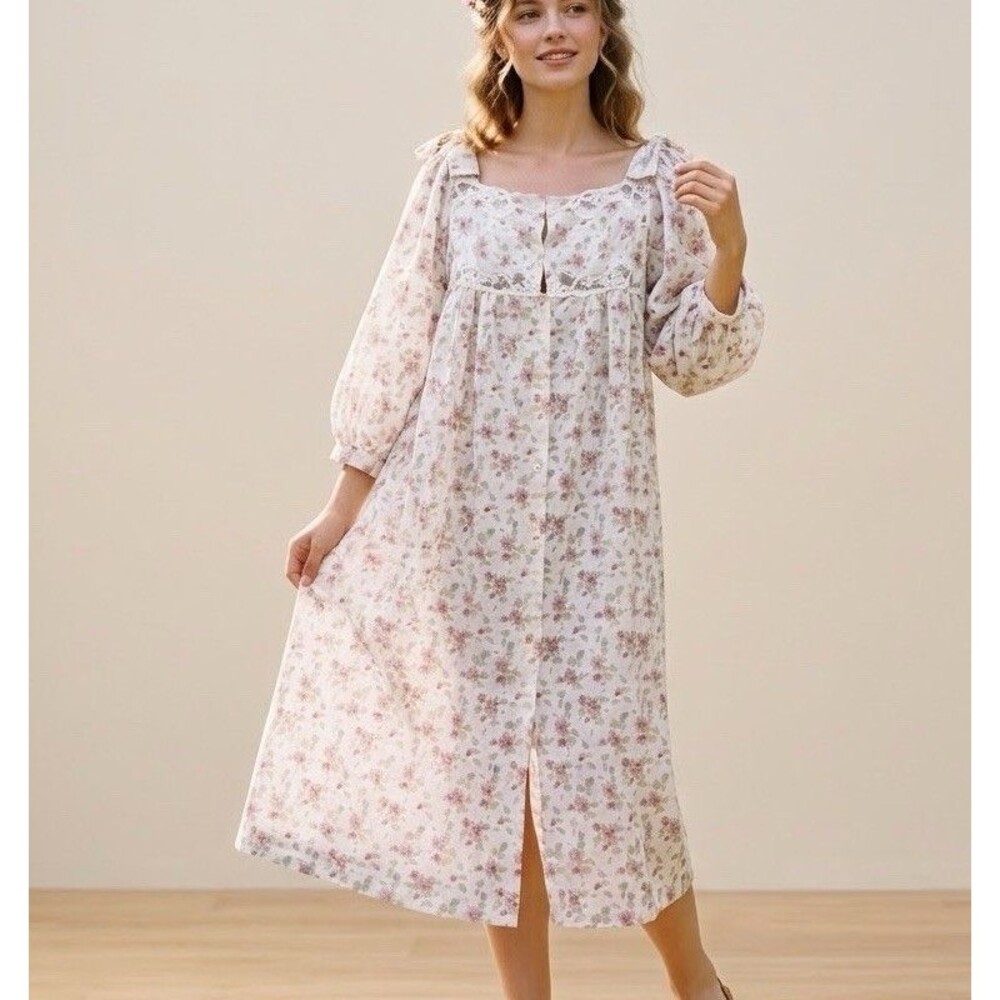 VTG Barbizon Cottagecore Floral Midi Nightgown Dress Lace Inset Shoulder Bows L